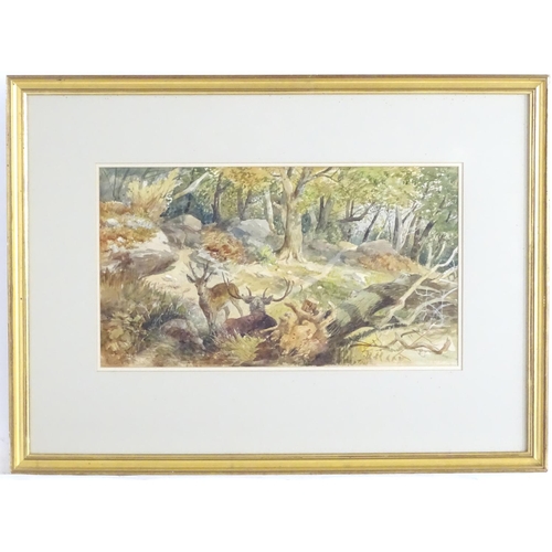 1672 - Indistinctly signed, XIX, Watercolour, A woodland landscape with stags. Signed and dated 1863 lower ... 