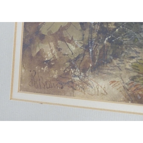 1672 - Indistinctly signed, XIX, Watercolour, A woodland landscape with stags. Signed and dated 1863 lower ... 