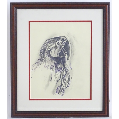 1697 - Monogrammed A J H, XX, Charcoal and ink on paper, A study of the head of a parrot. Signed lower midd... 