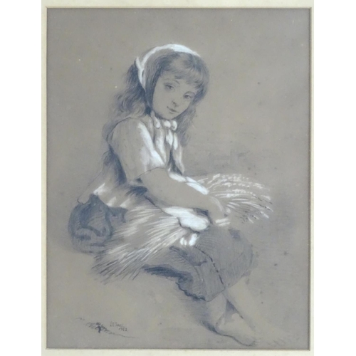 1701 - L. E. Jones?, XIX, Charcoal, chalk and pencil drawing on paper, A portrait of a young girl with whea... 