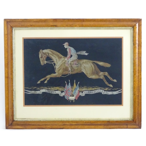 1769 - A French silkwork embroidery depicting a portrait of a racehorse and jockey, titled to banner Libert... 