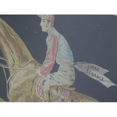 1769 - A French silkwork embroidery depicting a portrait of a racehorse and jockey, titled to banner Libert... 