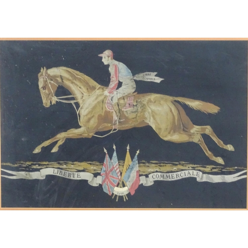 1769 - A French silkwork embroidery depicting a portrait of a racehorse and jockey, titled to banner Libert... 