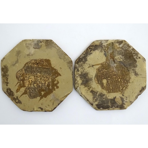 92 - Two Persian tiles of octagonal form decorated with stylised birds and flowers within a blue border. ... 