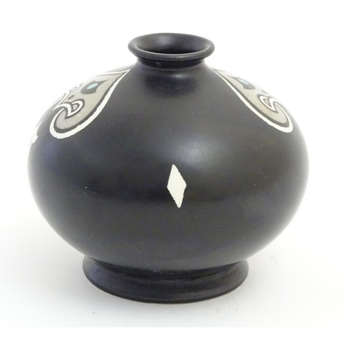 139 - A small black Shelley vase with silver and white Art Nouveau style decoration. Makers mark stamped u... 