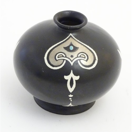 139 - A small black Shelley vase with silver and white Art Nouveau style decoration. Makers mark stamped u... 