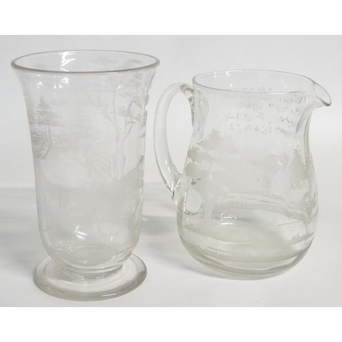 188 - Two items of glassware comprising 20thC footed vase with a flared rim, with etched decoration depict... 