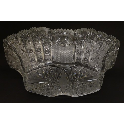 194 - An early 20thC cut glass / crystal table centre piece / fruit bowl 13 1/2'' long .