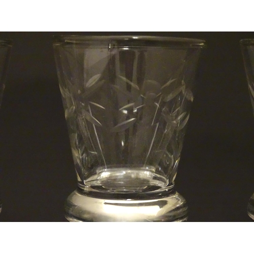 218 - A set of six crystal sherry glasses formed as thistles, with cut roundel  decoration, each 4 1/8