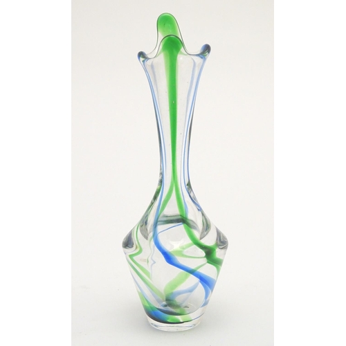 219 - A Max Verboeket Maastricht glass vase, with green and blue decoration. Signed to base. 8 7/8