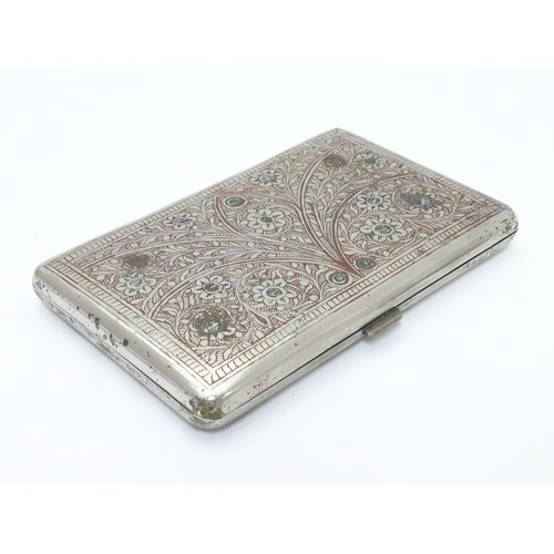 424 - A white metal cigarette case, the eastern/ Islamic style decoration having red and green enamel styl... 