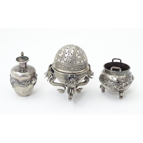 436 - Chinese export silver: A white metal salt formed as a stylised censer with dragon detail, marked und... 