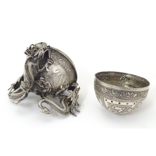 436 - Chinese export silver: A white metal salt formed as a stylised censer with dragon detail, marked und... 