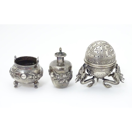 436 - Chinese export silver: A white metal salt formed as a stylised censer with dragon detail, marked und... 