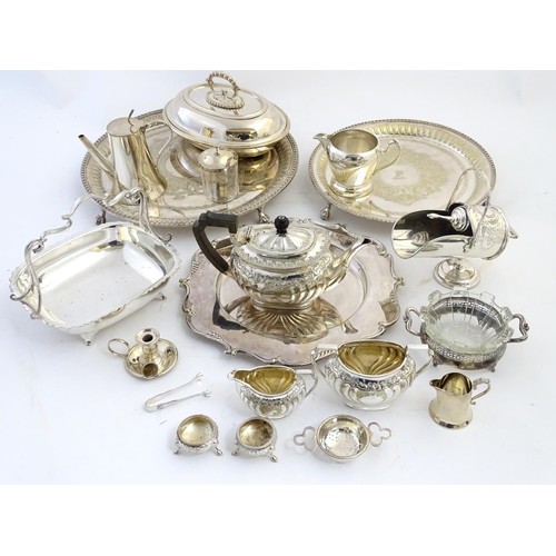 496 - Assorted silver plated items to include tea set, salvers, trays, salts, cake basket etc