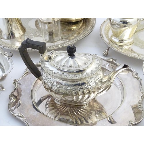 496 - Assorted silver plated items to include tea set, salvers, trays, salts, cake basket etc