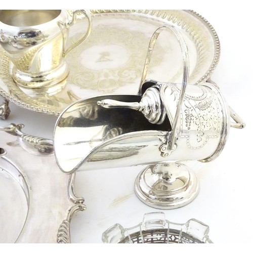 496 - Assorted silver plated items to include tea set, salvers, trays, salts, cake basket etc