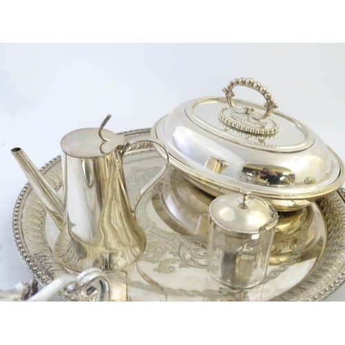 496 - Assorted silver plated items to include tea set, salvers, trays, salts, cake basket etc