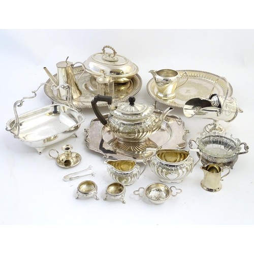 496 - Assorted silver plated items to include tea set, salvers, trays, salts, cake basket etc