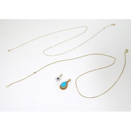 558 - A 9ct gold pendant and chain, the pendant set with turquoise cabochon, together with a 9ct gold chai... 