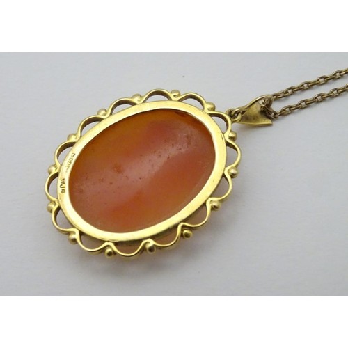 606 - A 9ct gold cameo pendant on a gilt metal chain. The pendant 1 1/2'' long