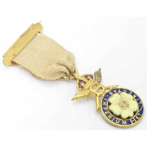 646 - Political badge / medal : A Primrose League gilt metal badge suspended from a ribbon with pin attach... 