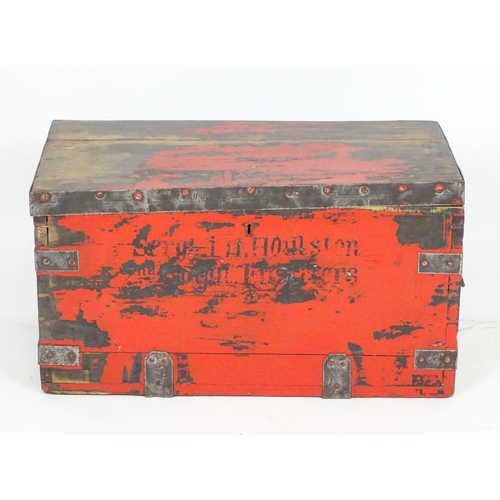 685 - An early 20thC wooden transit / kit trunk , marked 'Sergeant L. H. Houltson , 2nd Royal Fusiliers', ... 