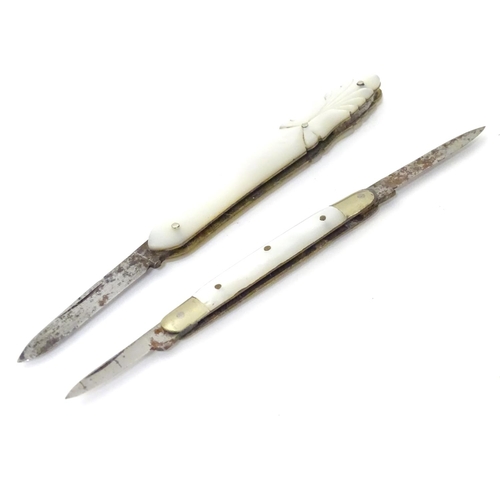 257 - Two mother of pearl handled folding fruit knives, one with twin blade.  Largest  2 3/4