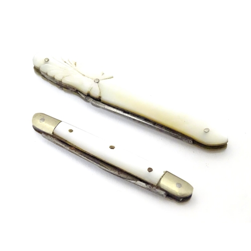 257 - Two mother of pearl handled folding fruit knives, one with twin blade.  Largest  2 3/4