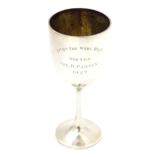 267 - A silver trophy cup with an inscription relating to Cpl. H. Parvin of 1st Batallion The Worcester Re... 