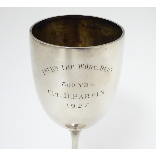 267 - A silver trophy cup with an inscription relating to Cpl. H. Parvin of 1st Batallion The Worcester Re... 