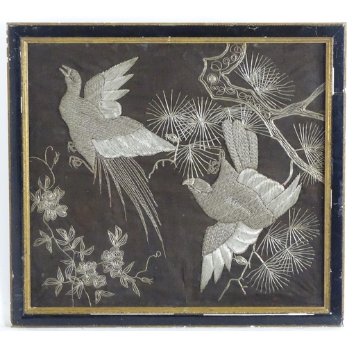 1365 - An early 20thC wirework embroidery depicting stylised birds, branches and foliage. Approx. 19 3/4