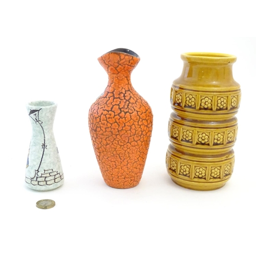 115 - Three West German vases, comprising a Jasba Keramik vase with an orange crackle glaze, a mustard yel... 