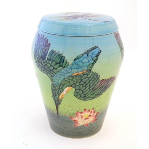 118 - A limited edition Dennis China Works lidded vase with kingfisher and lotus detail, designed by Sally... 