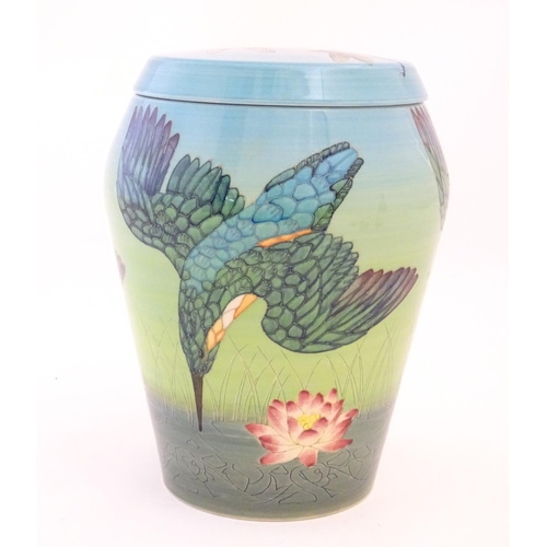 118 - A limited edition Dennis China Works lidded vase with kingfisher and lotus detail, designed by Sally... 