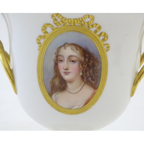 142 - A Royal Worcester twin handled pedestal vase with gilt highlights and an oval portrait of a woman, M... 