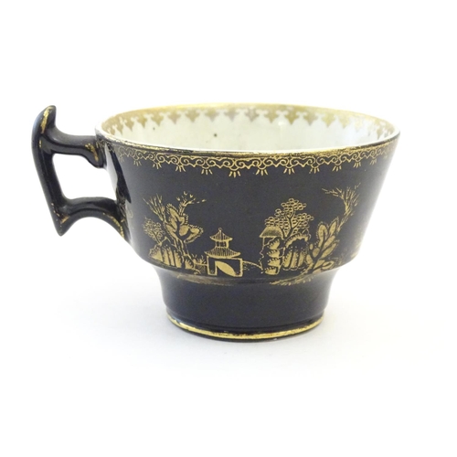 177 - A Booths Silicon China tea cup and saucer, together with two small plates with a black ground and gi... 