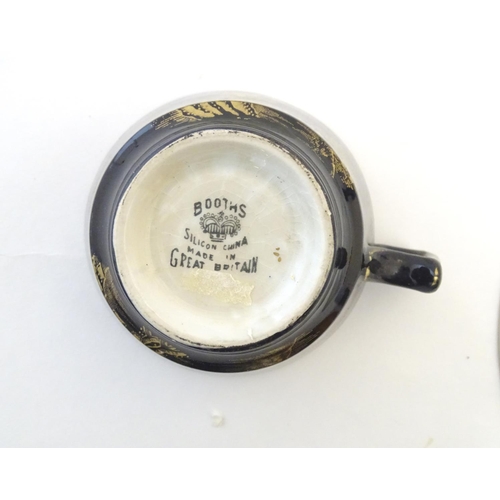 177 - A Booths Silicon China tea cup and saucer, together with two small plates with a black ground and gi... 