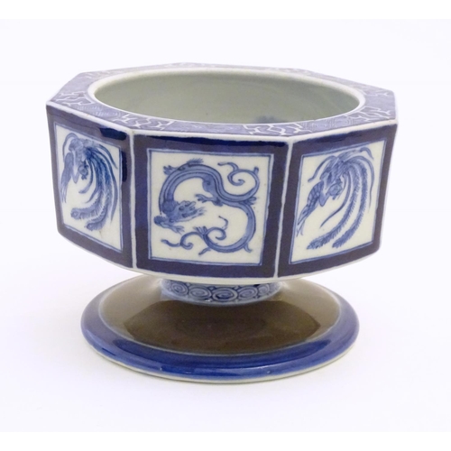 39 - A Chinese blue and white octagonal pedestal bowl with panelled phoenix and dragon decoration. The ce... 