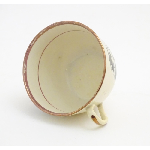 90 - A 19thC tea cup and saucer with monochrome transfer decoration depicting a river landscape with a sh... 