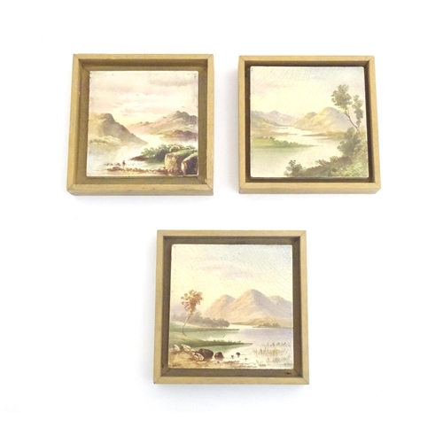 95 - Three hand painted tiles depicting a river landscape scene with mountains. 6