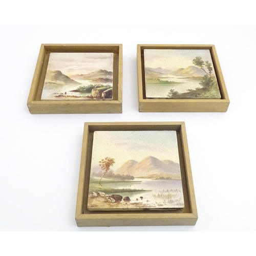 95 - Three hand painted tiles depicting a river landscape scene with mountains. 6