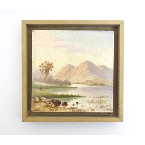 95 - Three hand painted tiles depicting a river landscape scene with mountains. 6