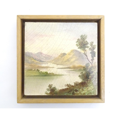 95 - Three hand painted tiles depicting a river landscape scene with mountains. 6