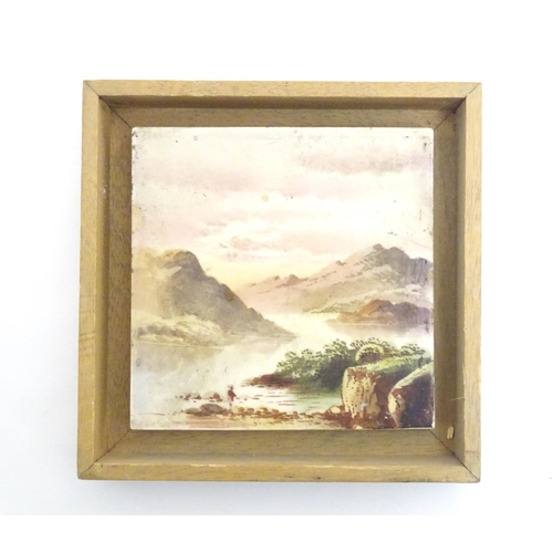 95 - Three hand painted tiles depicting a river landscape scene with mountains. 6