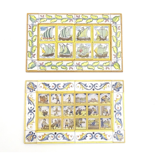 96 - Two Continental polychrome tiles comprised of assorted tiles depicting boats, figures etc. Approx. 1... 