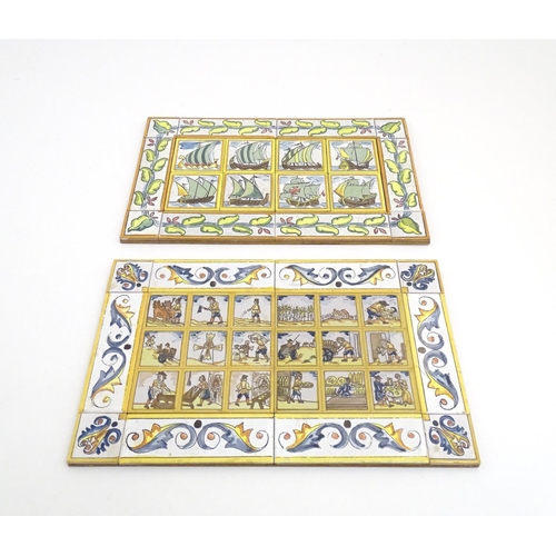 96 - Two Continental polychrome tiles comprised of assorted tiles depicting boats, figures etc. Approx. 1... 