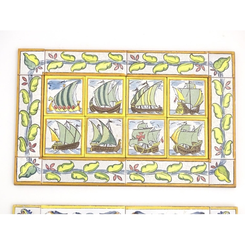 96 - Two Continental polychrome tiles comprised of assorted tiles depicting boats, figures etc. Approx. 1... 