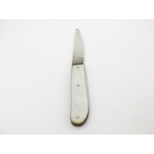 322 - A silver fruit knife with mother of pearl handle. Hallmarked Sheffield 1859 maker Brown & Clark . 2 ... 