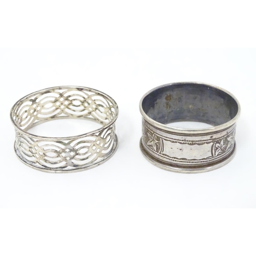 354 - Two silver napkin rings, one with pierced latticework decoration hallmarked Birmingham 1910 maker Wi... 